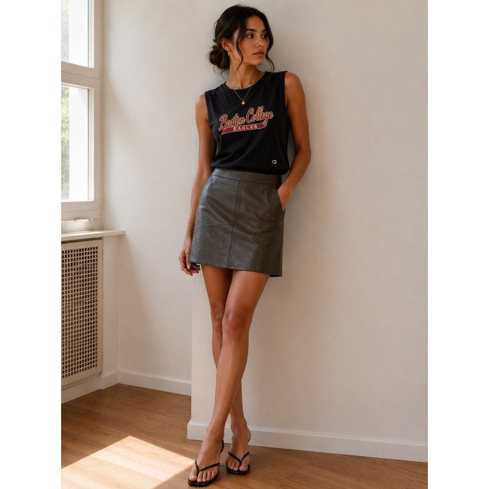 Harper Heritage Faux Leather Mini Skirt XS Olive Green A-Line Zip Back Pockets - Picture 2 of 13